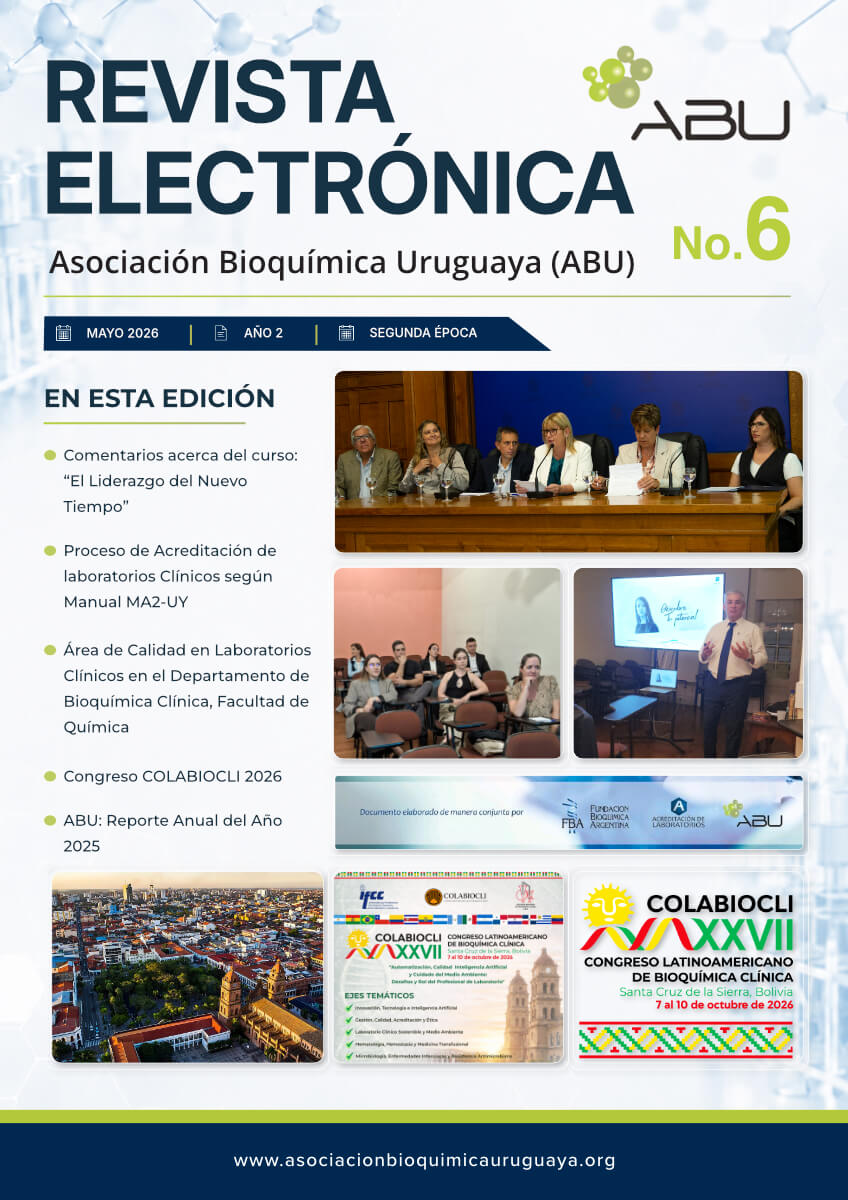 Portada de la Revista Electrónica ABU No. 6, mayo 2026, sobre liderazgo en bioquímica, acreditación de laboratorios y el Congreso COLABIOCLI 2026.