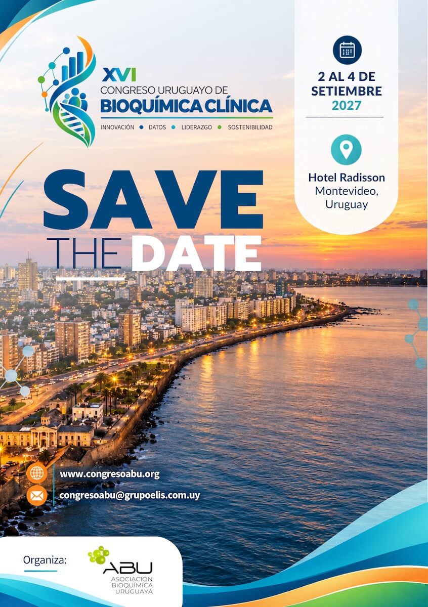 Imagen promocional del XVI Congreso Uruguayo de Bioquímica Clínica 2027, del 2 al 4 de setiembre en Montevideo, Uruguay.